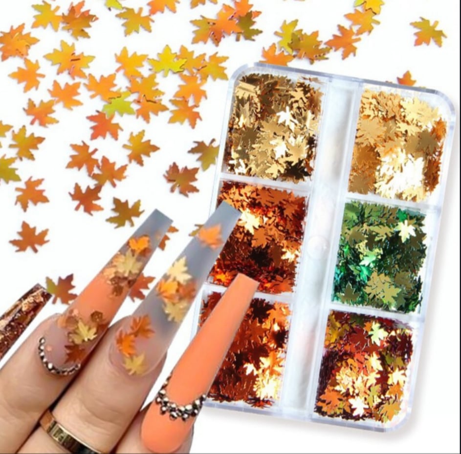 Holographic Glitter Maple 3D Nails dekoration